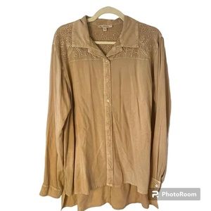 Solitaire Tan Women’s Button Down Blouse with Embroidery Details